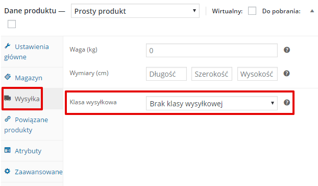 Przypisywanie klasy wysyłkowej do produktu