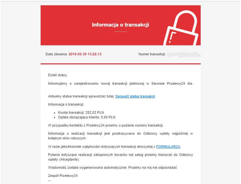 Informacja o transakcji płatnicznej w Przelewy24