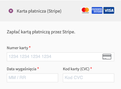 Płatność kartą w Stripe WooCommerce - widok metody płatności wraz z opisem w formularzu zamówienia